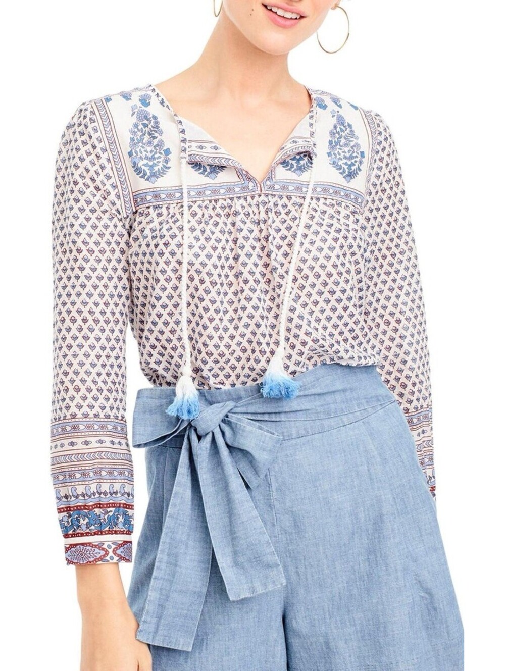 J.CREW Point Air Floral Paisley Cotton Peasant Top In Bright Periwinkle-Size 12